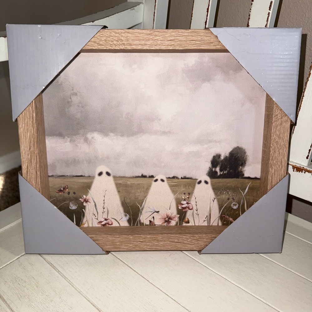 Ghosts In‎ The Field NWT Wood Framed Art Print Halloween Ghosties Flower Fields